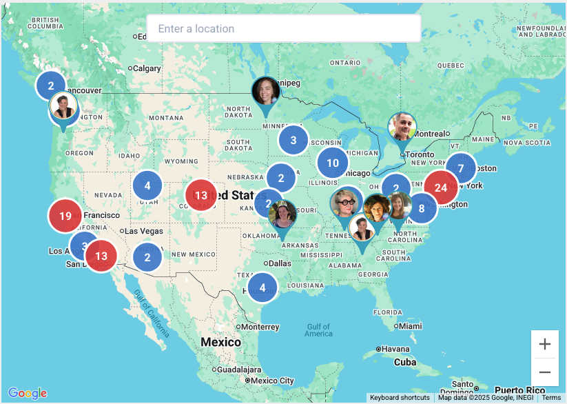 Map showing practitioner locations across North America